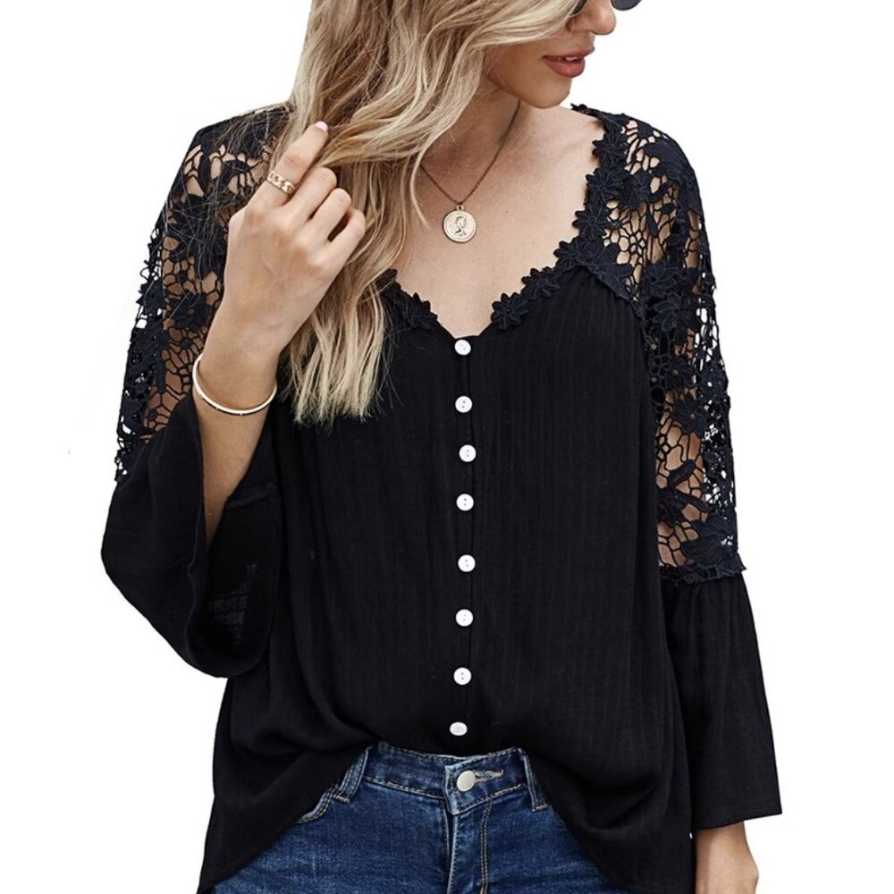 Autumn thin black lace shirt women's plus-size V-neck base top